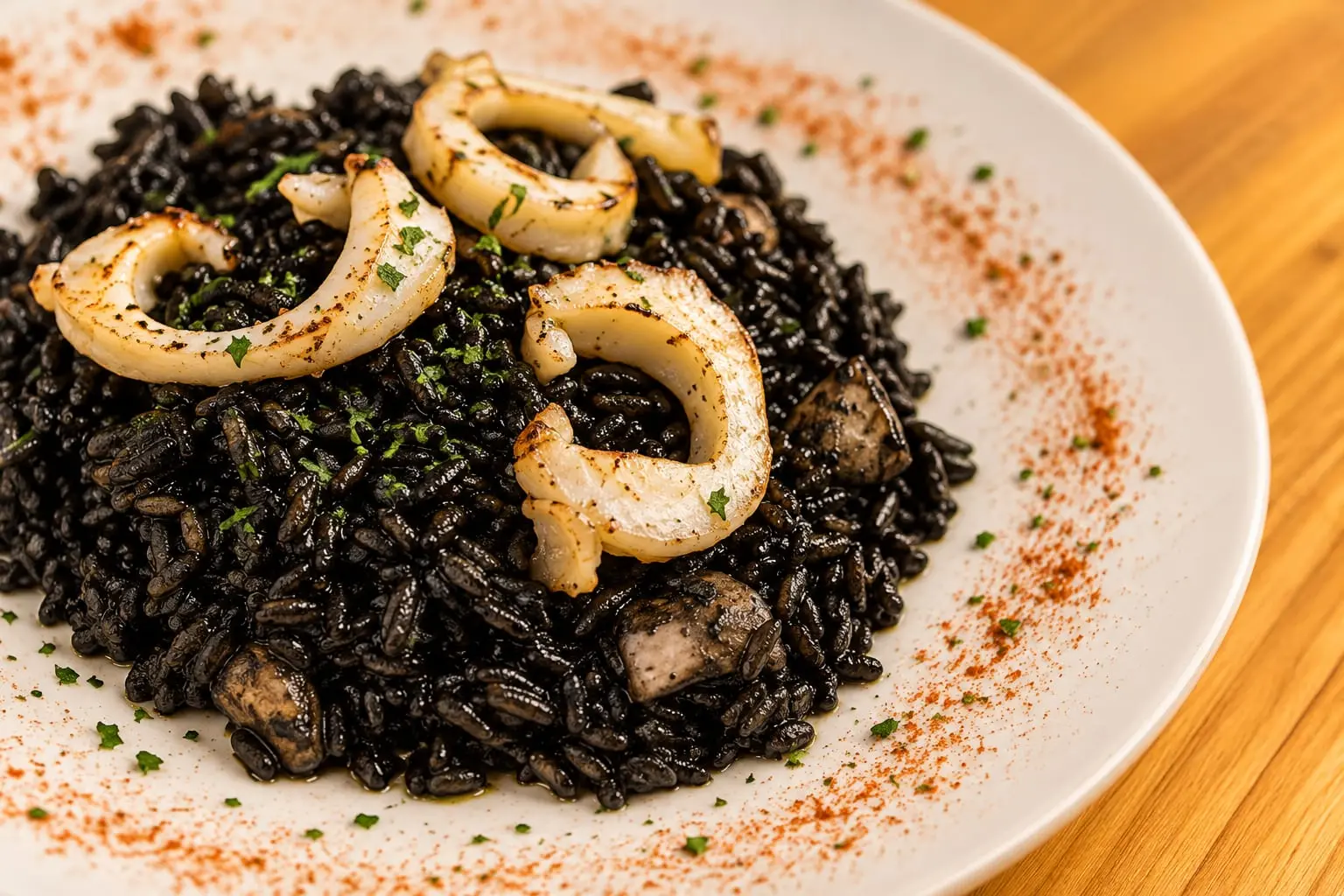 Plato de arroz negro con anillas de calamar a la plancha por encima y perejil picado.