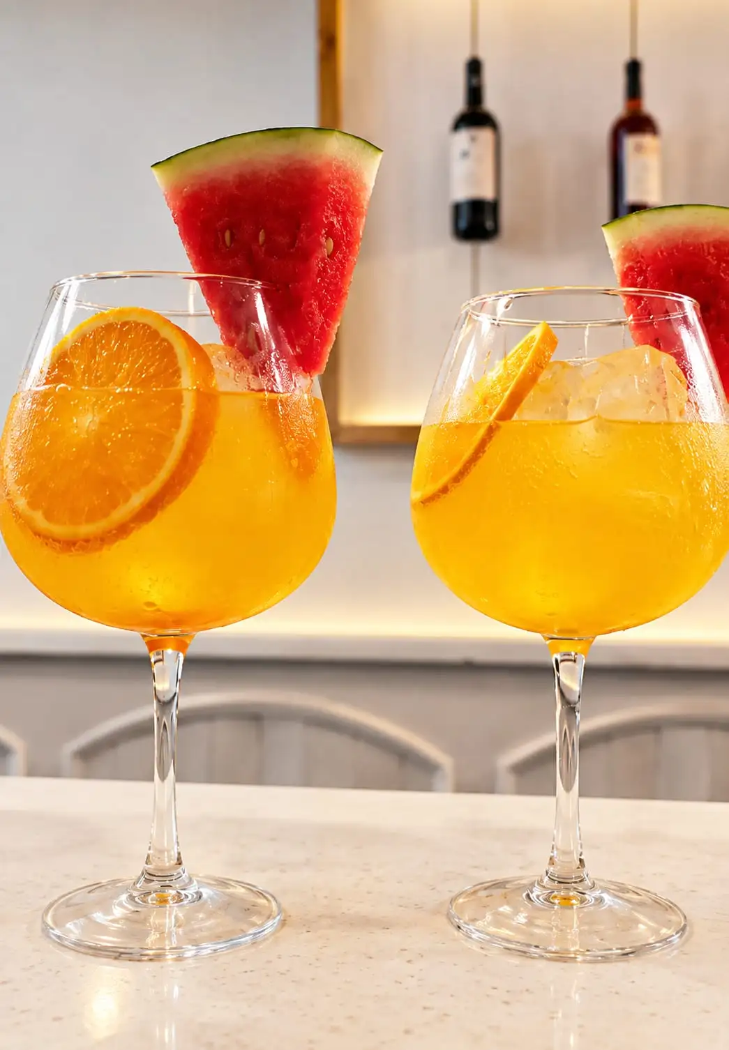Dos copas de balón con bebida de naranja y hielo, decoradas con una rodaja de naranja y un triángulo de sandía, en la barra del local.