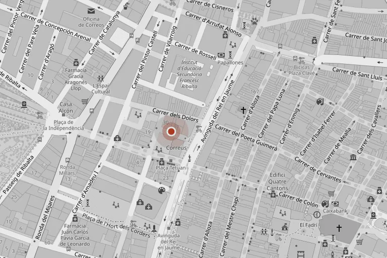Plano de la plaza Tetuán de Castellón con el restaurante señalado.
