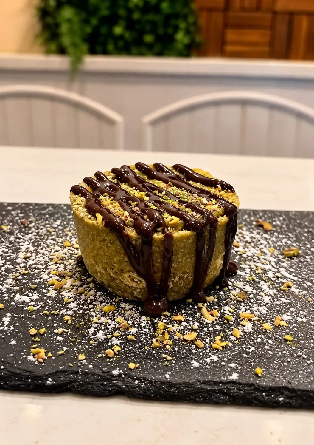 Postre de pistacho con chocolate por encima, servido en una pizarra con pistacho picado y azúcar glas alrededor.